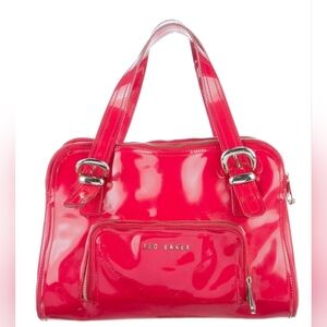 TED BAKER Purse Red Patent Bag Pockets Zip Gold Tone Hardware Satchel